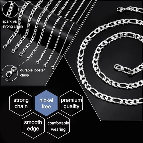 Monily 24K Gold Plated Figaro Chain Stainless Steel Necklace Men Women - color: Silver 12mm
