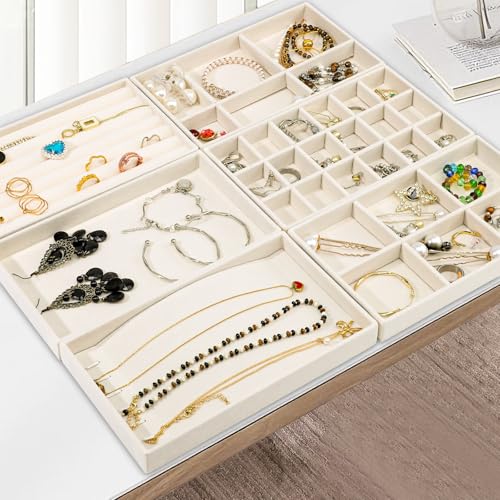Stackable Jewelry Organizer Trays, 6-Piece Velvet Set, Beige | Removable Dividers, Soft Velvet Lining, Stackable Drawer Trays For Rings, Earrings, Bracelets And Necklaces - color: Beige