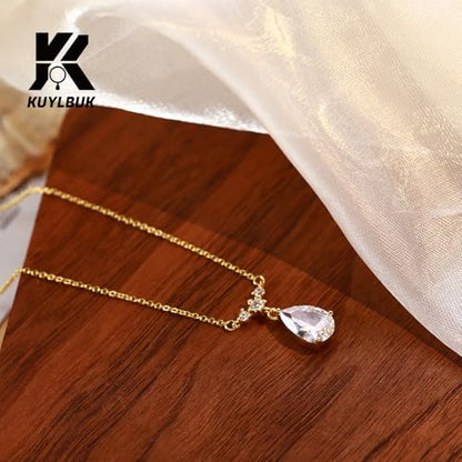 14K Gold Plated Dainty Teardrop Necklace for Women - Solitaire CZ Pendant | Hypoallergenic Pear Cubic Zirconia Necklace Trendy Jewelry Gift | 18"+2" Adjustable Chain