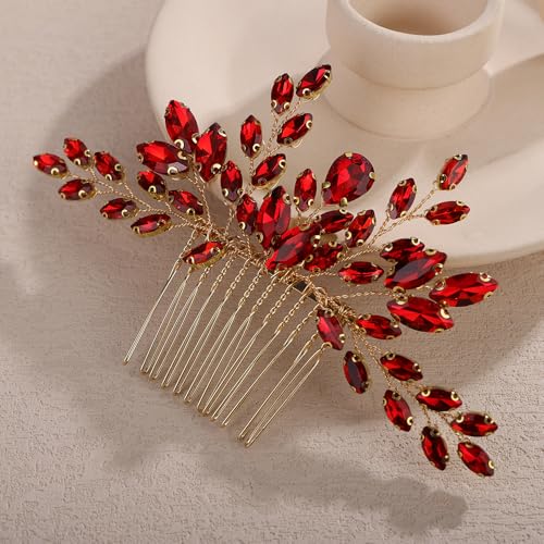 Teyglen Red Rhinestone Wedding Hair Comb Simple Crystal Hair Piece Bridal Crystal Hair Comb for Bride Wedding Hair Accessories for Women Party Prom Headpiece(Red) - color: Red