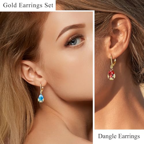 Dangle Earrings for Women Multicolor Crystal Drop Earrings Set Leverback Teardrop Earrings 925 Silver and 14K Gold Plated Hypoallergenic Fashion Cubic Zirconia Dangle Earrings Trendy Jewelry Gifts for Women - style: Teardrop Set-G 1