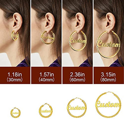 FindChic Chunky Hoop Earrings for Women, Silver/Black/14K Gold Plated Crossover Patterned Hollow Tube Rounded Loop Earrings, 30mm/40mm/60mm/80mm Hoops with Custom Name Options and Gift Box - color: f.Gold (Custom Name), size: 80MM
