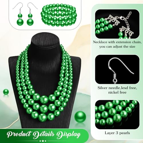 Haysandy Pearl Jewelry Set for Women 20s Jewelry Gift | Retro Layered Necklace Bracelet Earring, Costume Accessories for Derby Wedding Prom Party, Dress Matching Occasions - color: Green