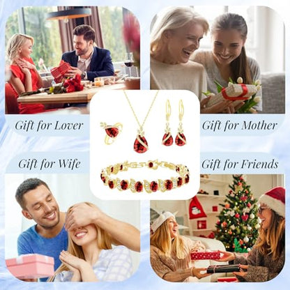 GZWHD Jewelry Set for Women CZ Earrings Necklace Ring Bracelet Set Prom Party Wedding Jewelry Gift for Mother Friend Wife - color: A-Gold-Garnet