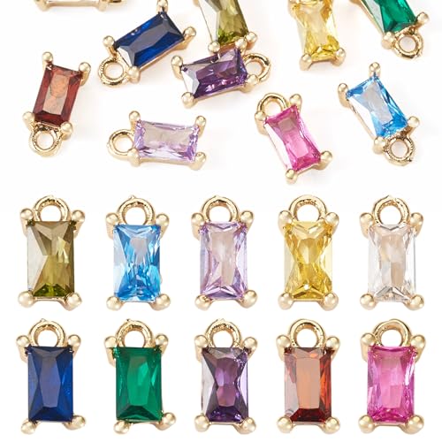 Beadthoven 10pcs Real 18K Gold Plated Rectangle Crystal Charms Pendants Micro Pave Cubic Zirconia Birthstone Charms Mini Necklace Pendants for Jewelry Making Bracelets Choker Earrings DIY Crafts - color: Mini Rectangle