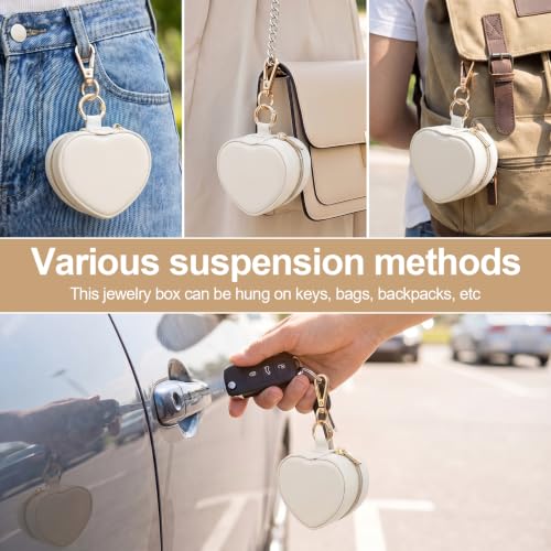 Small Travel Jewelry Case with Keychain Mini Jewelry Box for Rings Earrings Necklaces PU Leather Zipper Heart Jewelry Pouch for Women Travel Essentials White - color: white