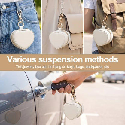 Small Travel Jewelry Case with Keychain Mini Jewelry Box for Rings Earrings Necklaces PU Leather Zipper Heart Jewelry Pouch for Women Travel Essentials White - color: white