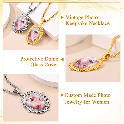 Custom4U Personalized Photo Necklace - Custom Heart/Oval/Round Charm Necklaces with Picture + Chain Adjustable - Stainless Steel/Acrylic Pendant Memorial Jewelry Christmas Gifts for Women - color: E-Gold Color