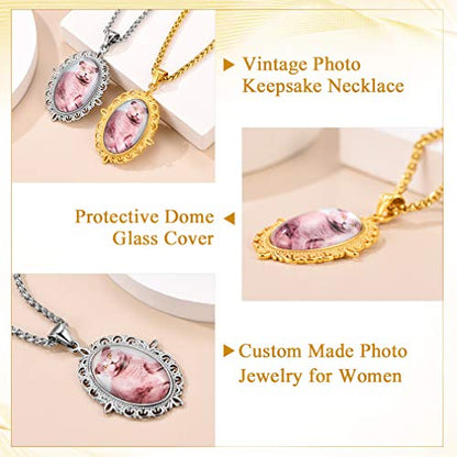 Custom4U Personalized Photo Necklace - Custom Heart/Oval/Round Charm Necklaces with Picture + Chain Adjustable - Stainless Steel/Acrylic Pendant Memorial Jewelry Christmas Gifts for Women - color: E-Silver Color