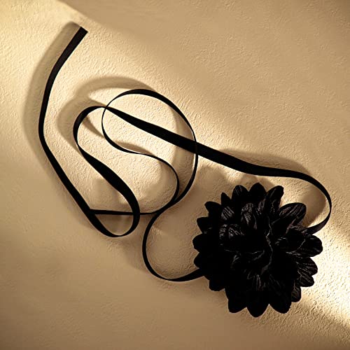 Black Choker Camellia Flower Lace-up Necklace For Women - color: Large black flower
