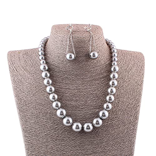 Handmade Faux Pearl Necklace and Clip on Earrings Jewelry Sets for Women Bib Choker Collar Necklace - color: Grey-Necklace+Tassel Clip Earrings