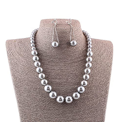 Handmade Faux Pearl Necklace and Clip on Earrings Jewelry Sets for Women Bib Choker Collar Necklace - color: Grey-Necklace+Tassel Clip Earrings