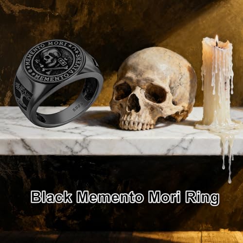 Memento Mori Ring 925 Sterling Silver Gothic Skull Signet Rings Tree of Life for Men Stoic Jewelry Memento Vivere Gifts - color: Black
