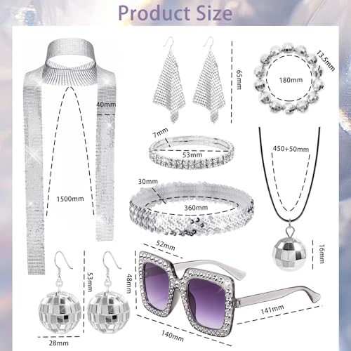 70s Disco Accessories Women's Disco Costume Jewelry Set | Sequin Scarf Earrings Sunglasses Bracelet Headband Disco Ball Necklace Earrings Bracelet