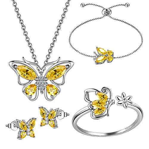 925 Sterling Silver Birthstone Butterfly Jewelry Women Crystal Animal Cute Butterflies Birthday Necklace/Earring/Ring/Bracelet Sets Birth Stone Statement Anniversary Jewellery - color: 3-K.November-Citrine