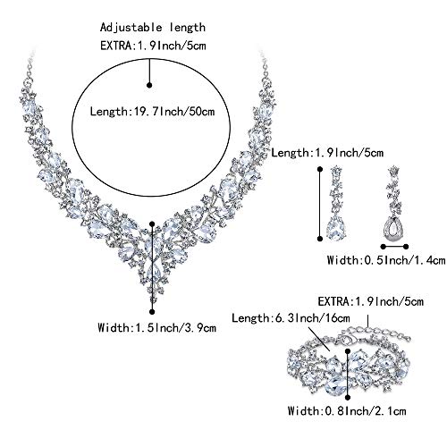 Wedding Bridal Jewelry Set for Women Bride Bridesmaids | Gorgeous Austrian Crystal Teardrop Cluster Statement Necklace Dangle Earrings Link Bracelet Set Prom Jewellery - color: 09-Clear Rhodium-Tone