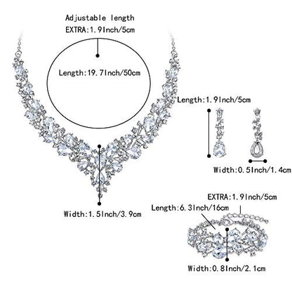 Wedding Bridal Jewelry Set for Women Bride Bridesmaids | Gorgeous Austrian Crystal Teardrop Cluster Statement Necklace Dangle Earrings Link Bracelet Set Prom Jewellery - color: 09-Clear Rhodium-Tone