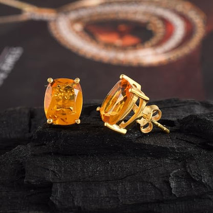 Women's 18K Gold Plated 8x10mm Princess Cut Gemstone Stud Earrings – Birthstone Jewelry for Her – Classic Cushion Studs - color: Citrine