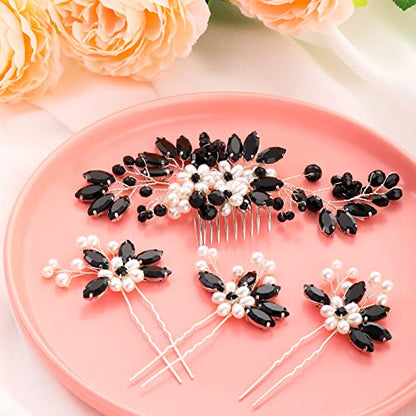 5 Pieces Wedding Hair Comb Bridal Pins Crystal Pearl Wedding Hair Accessories Rhinestone Flower Piece for Bride Bridesmaids Women(Black) - color: Black