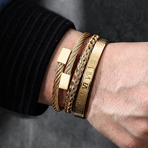 WFYOU 3PCS Stainless Steel Imperial Crown Bracelets for Men Gold Roman Numeral Bangle Bracelet Adjustable Cuff Bracelet Mens Luxury Jewelry Gifts - style: 09:Gold- Square