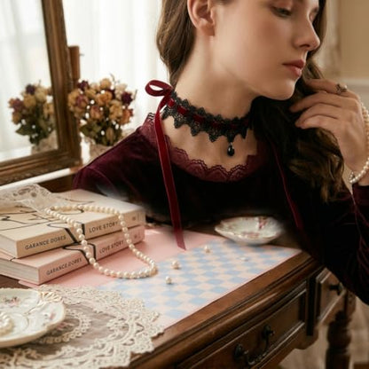 Gothic Lace Choker Necklace for Women Vintage Y2K Black Red Velvet Ribbon Tie Back Chokers Vampire Cosplay Jewelry Accessories (Red)