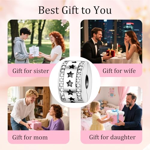 925 Sterling Silver Openable Clip Spacer Bead Fits Pandora Bracelet | Hypoallergenic Clip Stopper Charm, Star Clover Butterfly Floral Mom Heart Paved Zircon Gift for DIY Charm Bracelet Jewelry - color: Cutout Star