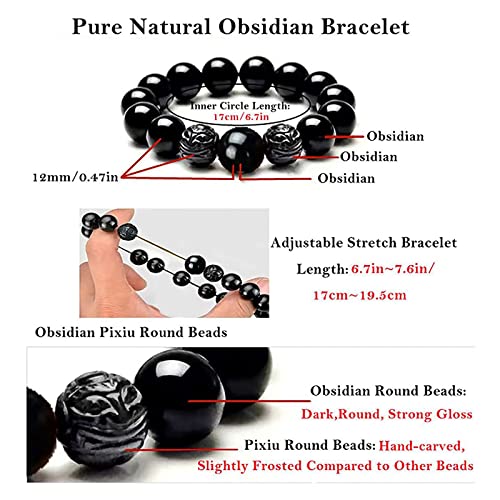 Black Obsidian Bracelet,Feng Shui Black Obsidian Wealth Bracelet for Women Men Couples Handmade Stretch Obsidian Bracelet Bangle with Carved Pixiu Tiger Eye Stone Attract Wealth Money and Good Luck - color: C,12mm,Obsidian
