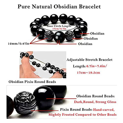 Black Obsidian Bracelet,Feng Shui Black Obsidian Wealth Bracelet for Women Men Couples Handmade Stretch Obsidian Bracelet Bangle with Carved Pixiu Tiger Eye Stone Attract Wealth Money and Good Luck - color: C,12mm,Obsidian
