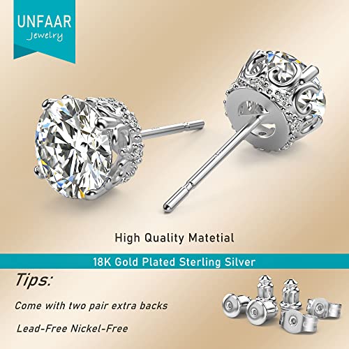 Round Cut Cubic Zirconia Stud Earrings for Men Women | Brilliant CZ Simulated Diamond, 18K White Gold Plated Sterling Silver, Hypoallergenic - color: White Gold