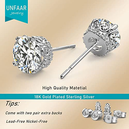 Round Cut Cubic Zirconia Stud Earrings for Men Women | Brilliant CZ Simulated Diamond, 18K White Gold Plated Sterling Silver, Hypoallergenic - color: White Gold