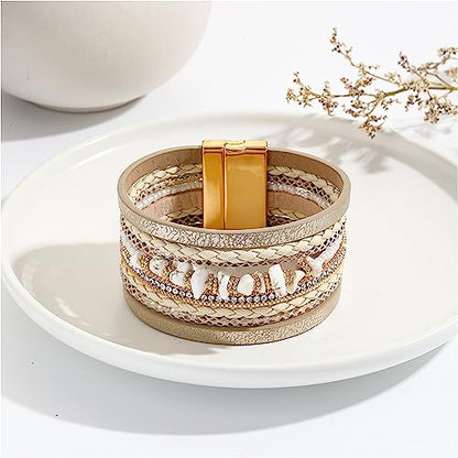 Long tiantian Boho Western Bracelets for Women Leather Wrap Bracelets Turquoise Bracelet Western Jewelry Country Concert Outfits - color: womens stackable bracelets(khaki)