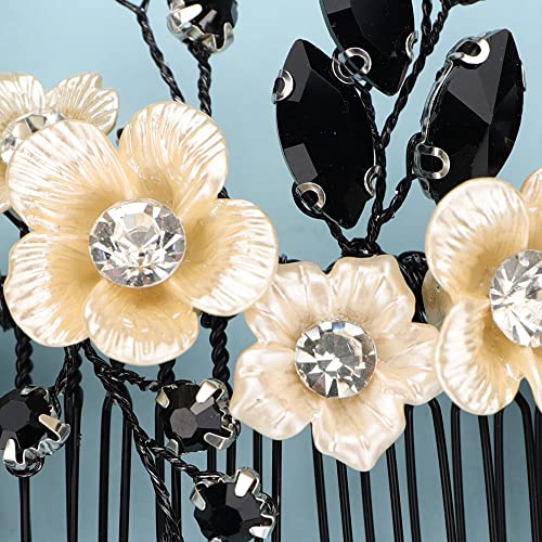 Bridal White Flower Black Crystal Rhinestone Hair Comb for Bride Bridesmaid Sliding side Headpieces Wedding Hair Accessories for Women and Girls (Black) - color: Black