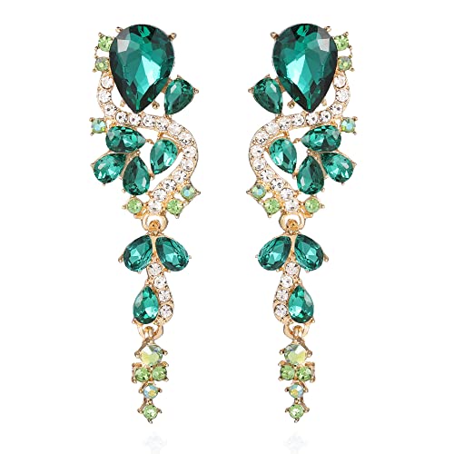 Fashion Rhinestone Statement Drop Dangle Earrings Long Colorful Crystal Bridal Wedding Teardrop Chandelier Earrings for Women Prom Pageant - color: Green