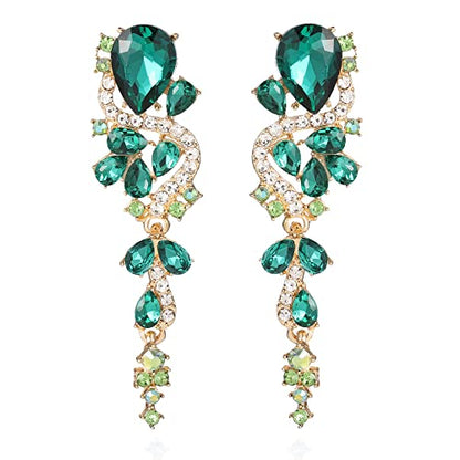 Fashion Rhinestone Statement Drop Dangle Earrings Long Colorful Crystal Bridal Wedding Teardrop Chandelier Earrings for Women Prom Pageant - color: Green
