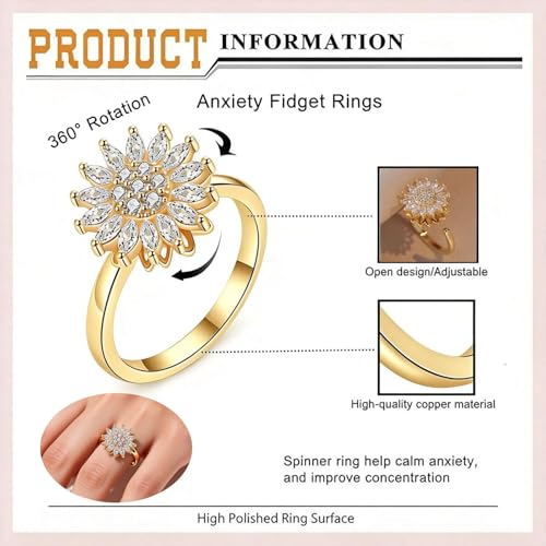 Sunflower Fidget Ring for Women Gold Anxiety Crystal Rings Cubic Zirconia Sunflower Open Adjustable Fidget Ring Spinner Sun Ring for Men Trendy Jewelry - color: Sunflower Gold
