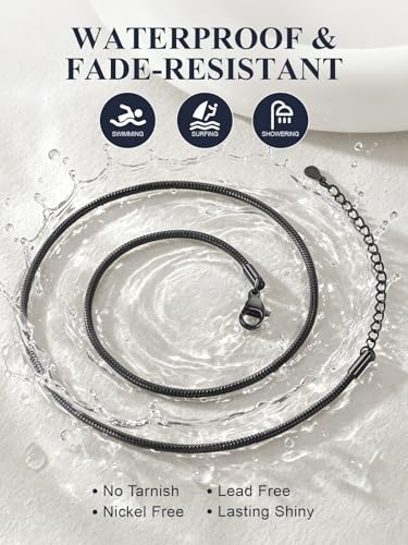 U7 Snake Necklace for Women 14K Gold Plated/Silver/Rose Gold/Black Chain Necklace Hypoallergenic, Stainless Steel Tiny Snake Chain Necklace 1/1.2/1.5/2MM, 14-30" Adjustable Minimalist Gift - color: p.Black-2mm