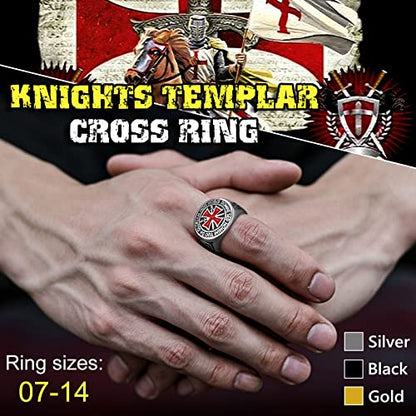 FaithHeart Mens Stainless Steel Crusader Jerusalem Cross Ring with 18K Gold Plated Two Tone Ring Size 7,8,9,10,11,12 - color: 06. Crusader Cross-Silver(Custom)