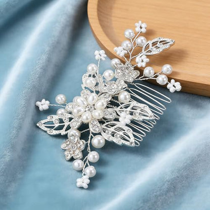 Flower Leaf Design Wedding Hair Comb, Metal Bridal Hair Accessory with Rhinestone, Wedding Prom Hair Clip Headpiece for Women (Silver Flower) - color: Silver Flower