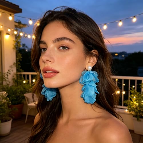 Handmade Bohemian Lightweight Fabric Flower Dangle Drop Earrings Chic Pearl Large Tassel Petal Stud Earrings For Women - color: Sky Blue