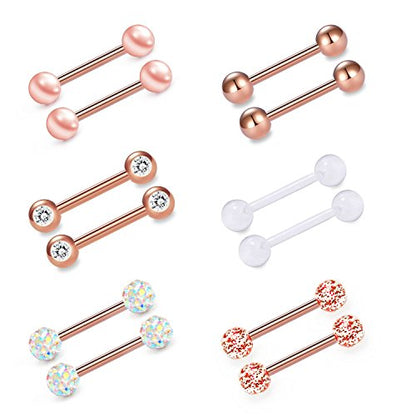 VCMART 12mm-18mm 14G Tongue Rings Nipple Straight Barbells Surgical Steel Body Piercing Jewelry - style: Style E3 -12pcs, rose gold