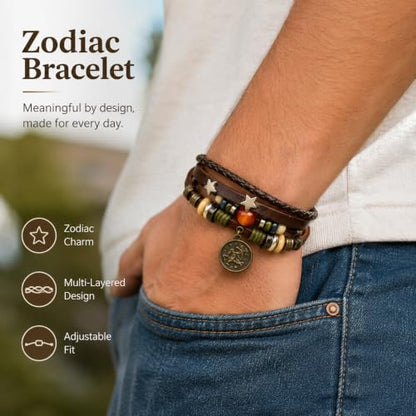Zodiac Bracelet for Men Women, Adjustable Faux Leather Braided Wrap Bracelet with Vintage Astrology Charm, Gift Jewelry - style: Libra