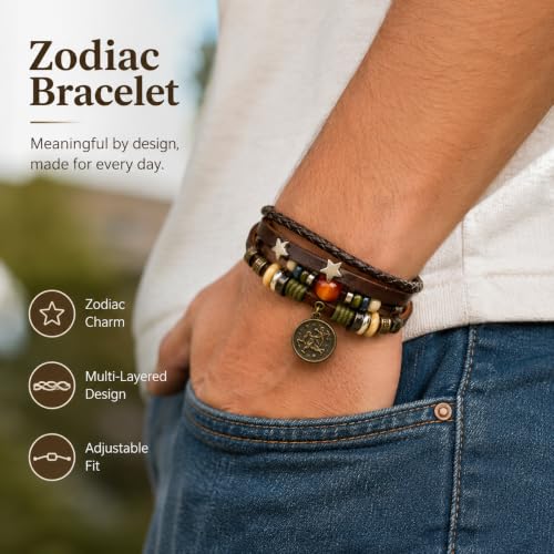 Zodiac Bracelet for Men Women, Adjustable Faux Leather Braided Wrap Bracelet with Vintage Astrology Charm, Gift Jewelry - style: Taurus