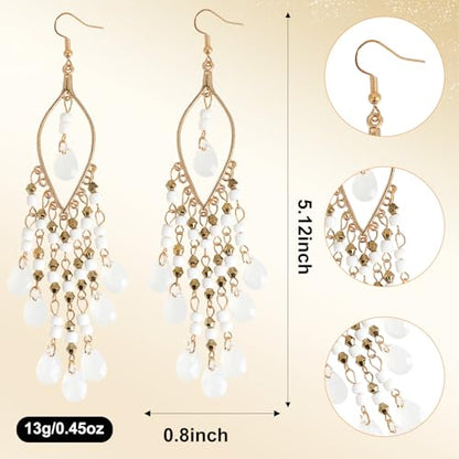 Boho Chandelier Earrings, Beaded Tasse Dangle Earring for Women, Red, Black, Blue, White, Colorful Long Earrings - color: White