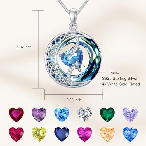 TOUPOP Birthstone Necklace Women Sterling Silver Moon Star Birthday Jewelry | Celtic Moon Pendant with Blue Crystal Anniversary Christmas Jewelry Gifts for Wife Mom Her - color: A-12-Topaz