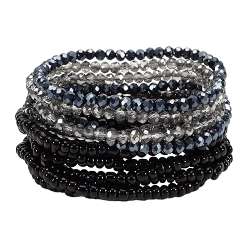 Bohemian Multilayer Beaded Stackable Stretch Bracelets for Women Colorful Crystal Glass Resin Seed Beads Elastic Wristbands BFF Friendship Summer Beach Hawaii Jewelry - color: Black