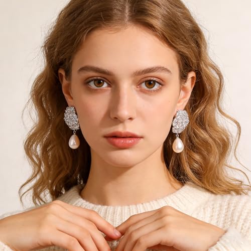 Rhinestone Earrings Dangling for Women Sparkly Silver Dangle Earrings Girls Long Chandelier Earrings Tassel Lightweight Ear Studs Cubic Zirconia (KE001S-W) - color: Dangle YXE064S