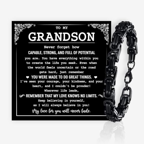 Grandson Gifts from Grandma Grandpa, Black Stainless Steel Bracelet with Meaningful Message Card, Birthday Gift for Grandson, Graduation Christmas Gift, Inspirational Keepsake Jewelry for Men - color: Grandson #8