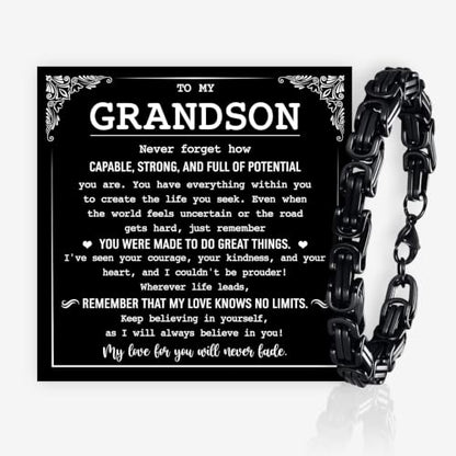 Grandson Gifts from Grandma Grandpa, Black Stainless Steel Bracelet with Meaningful Message Card, Birthday Gift for Grandson, Graduation Christmas Gift, Inspirational Keepsake Jewelry for Men - color: Grandson #8