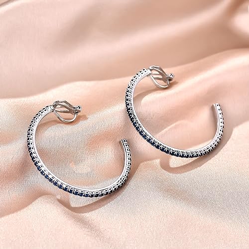 YOQUCOL 4.3CM(1.7in) Clip On Hoop Earrings Cubic Zirconia Non Pierced Ears Hoops for Women - color: Silver-Blue
