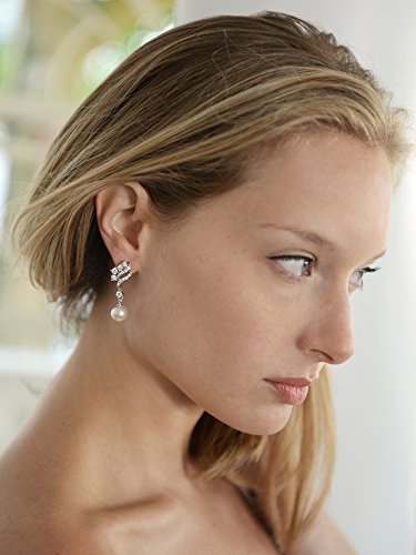 Mariell Pearl Clip-On Wedding Bridal Earrings, Cubic Zirconia Pearl Drop Earrings for Brides, Bridesmaid,
